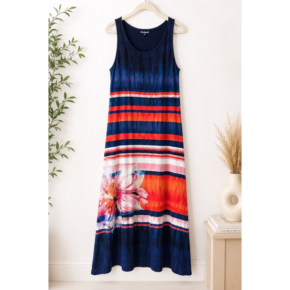 Desigual XL Sleeveless Maxi Dress Floral Stripe Stretch Colorful Boho Art Print